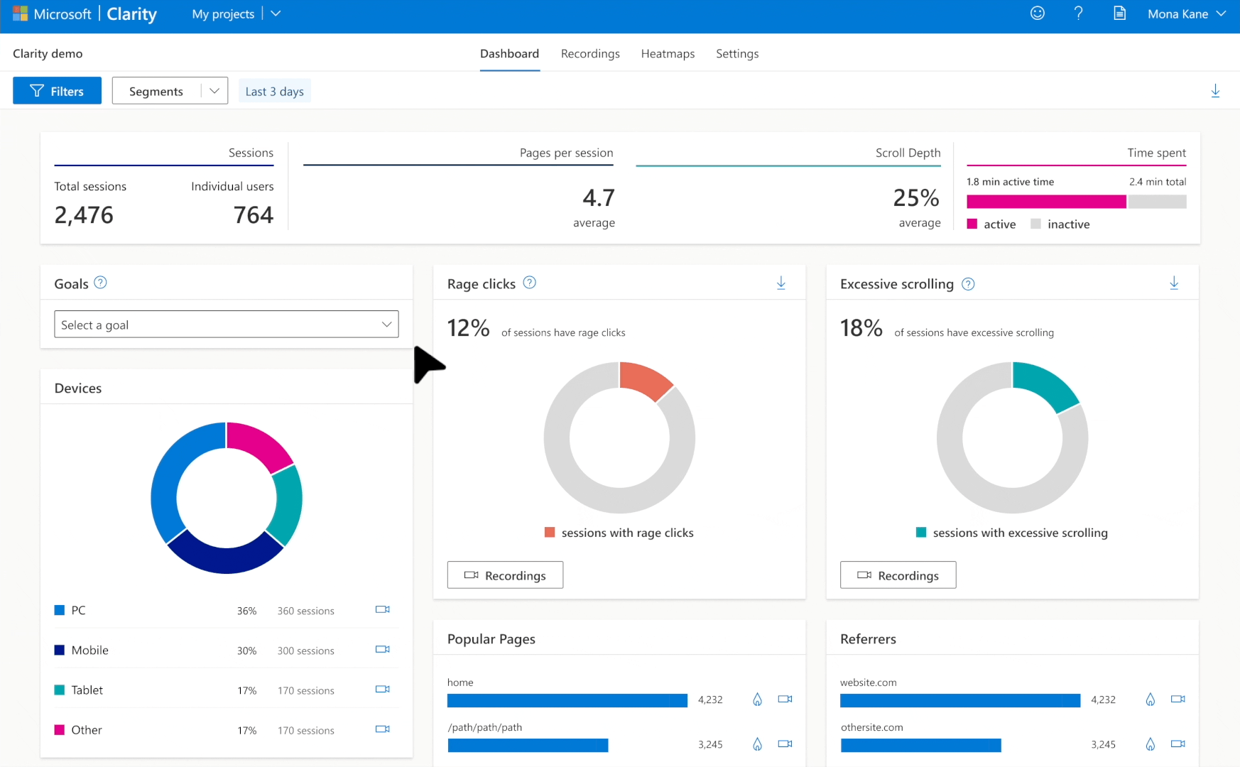 Gif of improving conversion goals with Microsoft Clarity