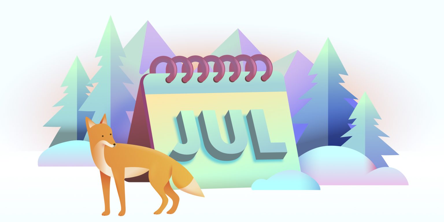 fox in front of an july calendar, forest in the background