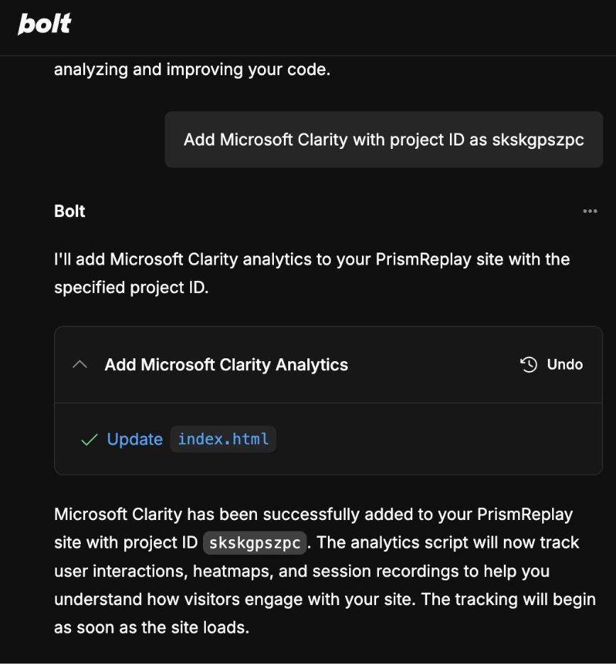 Setting up Microsoft Clarity in Bolt