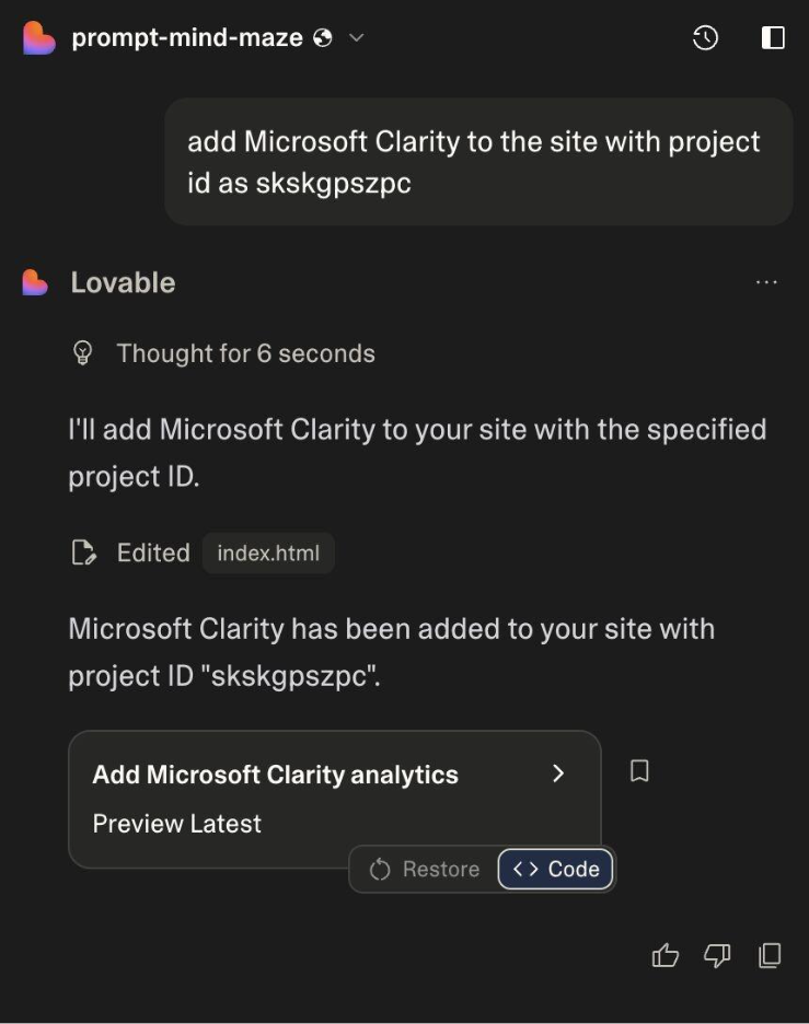 Setting up Microsoft Clarity in Lovable