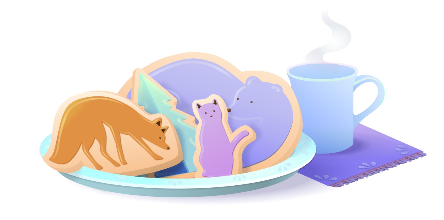 Fox, cat, and bear cookies on plate with a mug