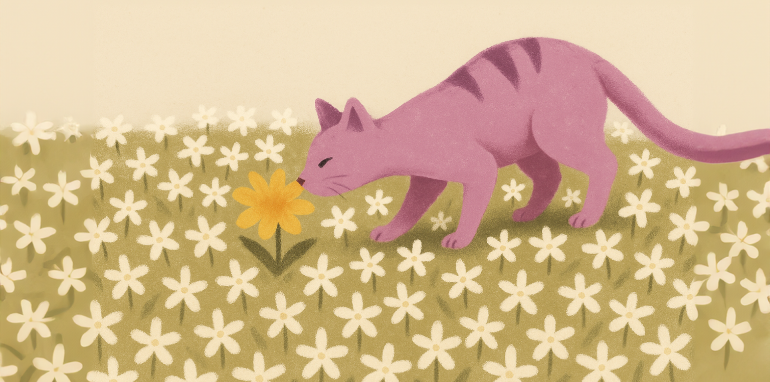 cat smelling flower