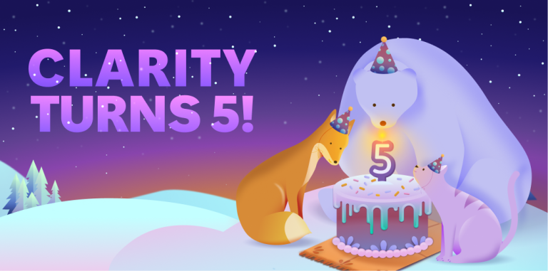 Clarity Turns 5. Fox, bear, and cat blowing out candles on a birthday cake.