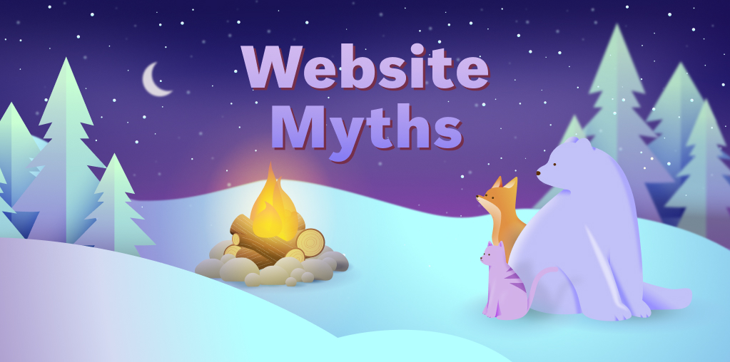 Website myths, cat, fox, and polar bear by campfire.