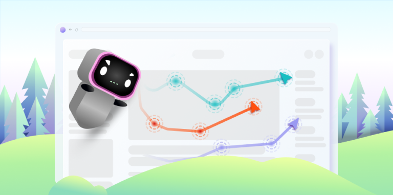 illustration of AI robot, abstract analytics dashboard