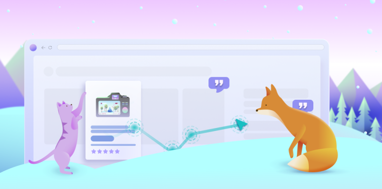 fox and cat in foreground of abstract ecommerce screenshot