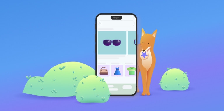 Smart phone with abstract ecommerce storefront, fox to the right