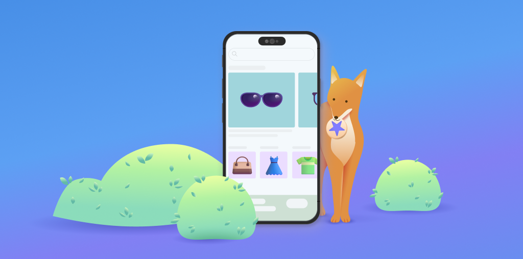 Smart phone with abstract ecommerce storefront, fox to the right