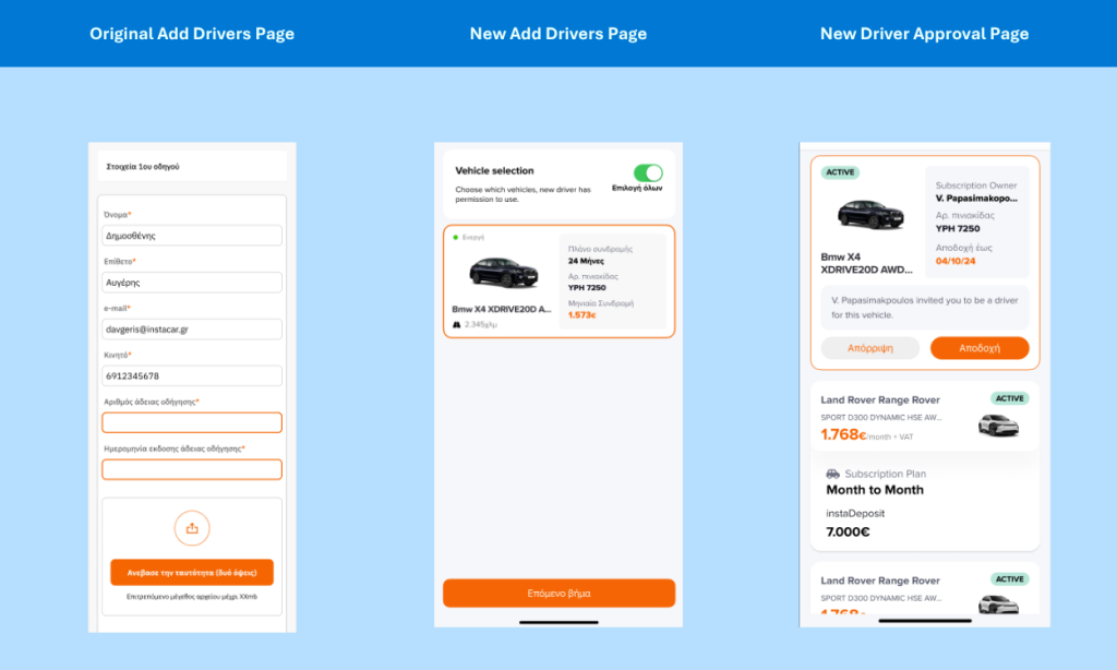 before and after comparison of instacar add drivers page