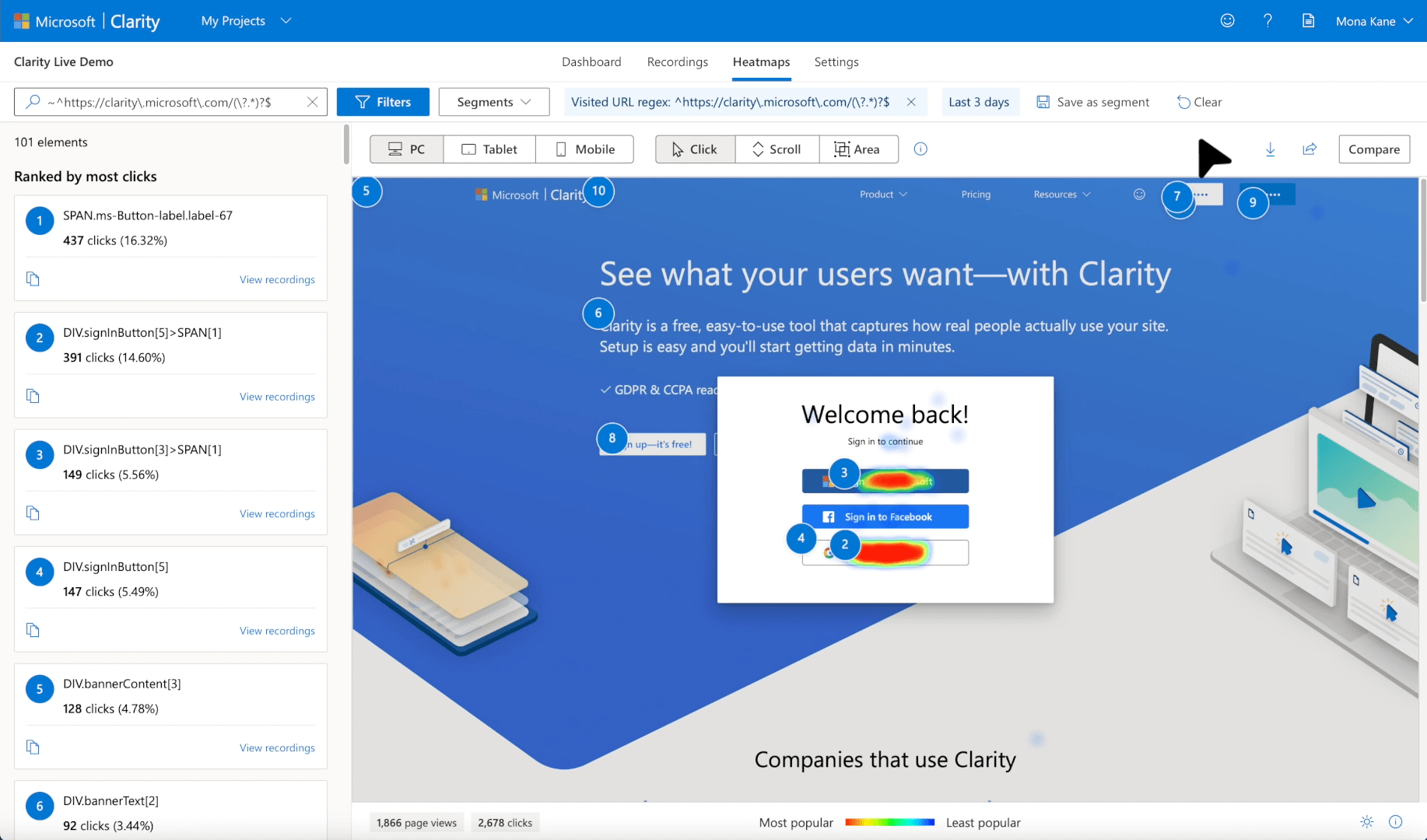 Demo of Microsoft Clarity. 